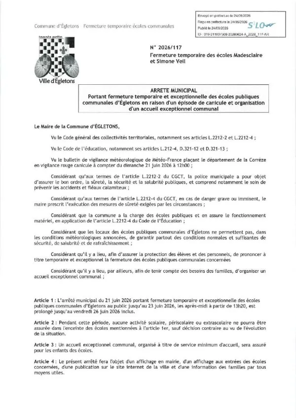 Image du document ARRETE 2026-117 PLAN CANICULE ROUGE ECOLES PROLONGATION